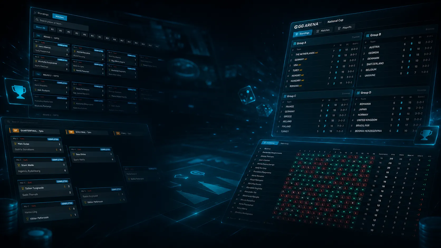 GG Arena platform — tournament brackets, standings, and match management