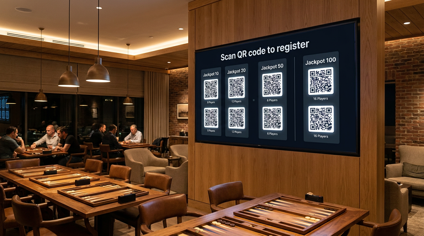 TV screen displaying jackpot tournaments with QR codes for instant player registration