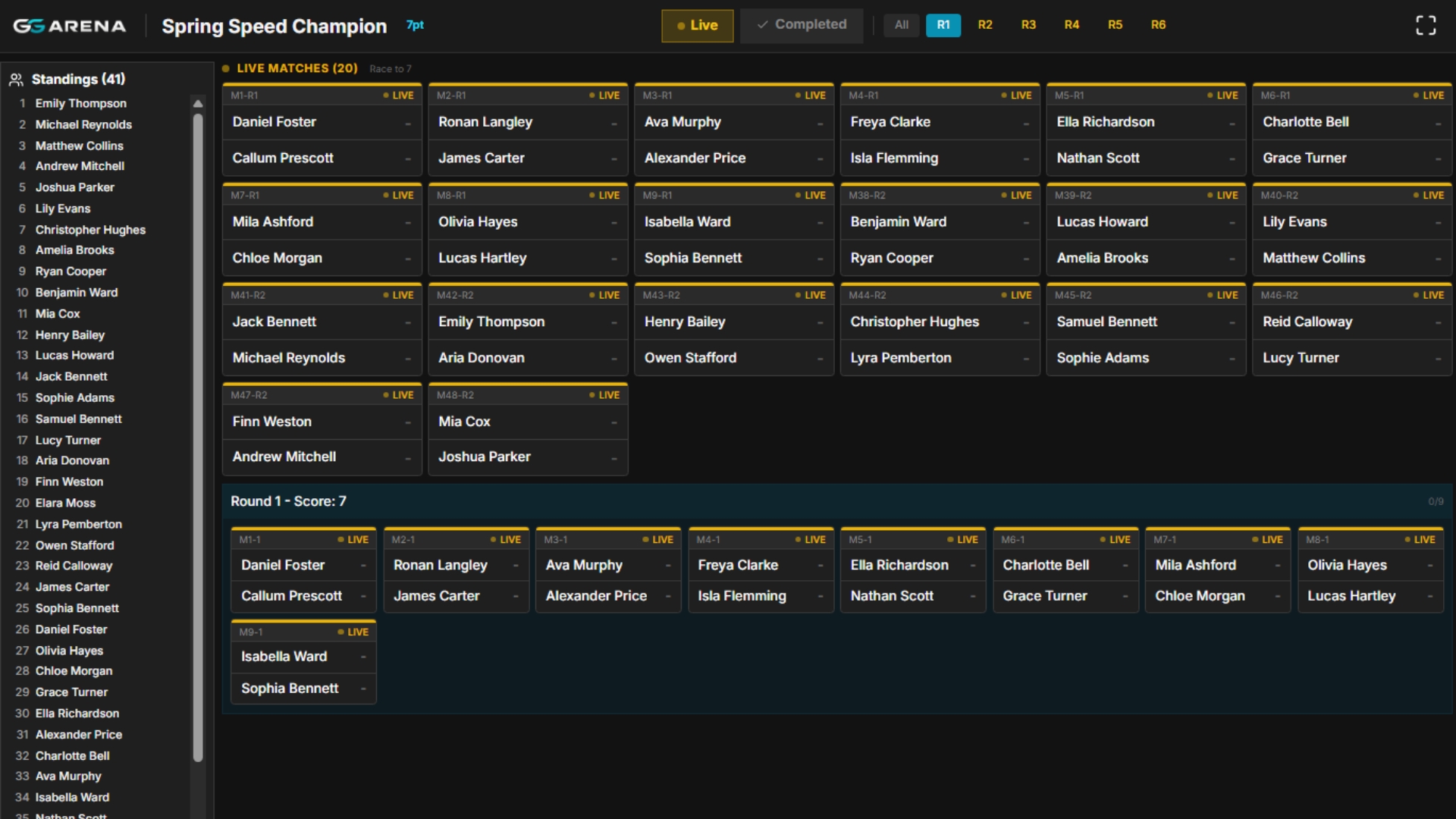 GG Arena matches and standings view — live digital tournament management