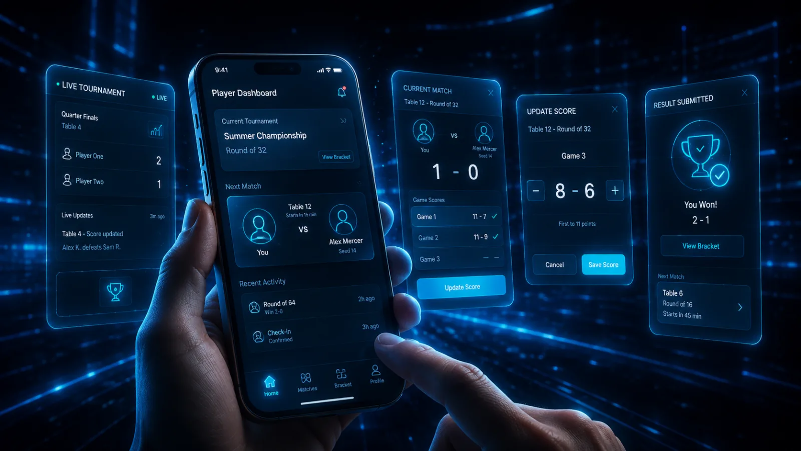GG Arena on a player's phone — live tournament, current match, score entry and result